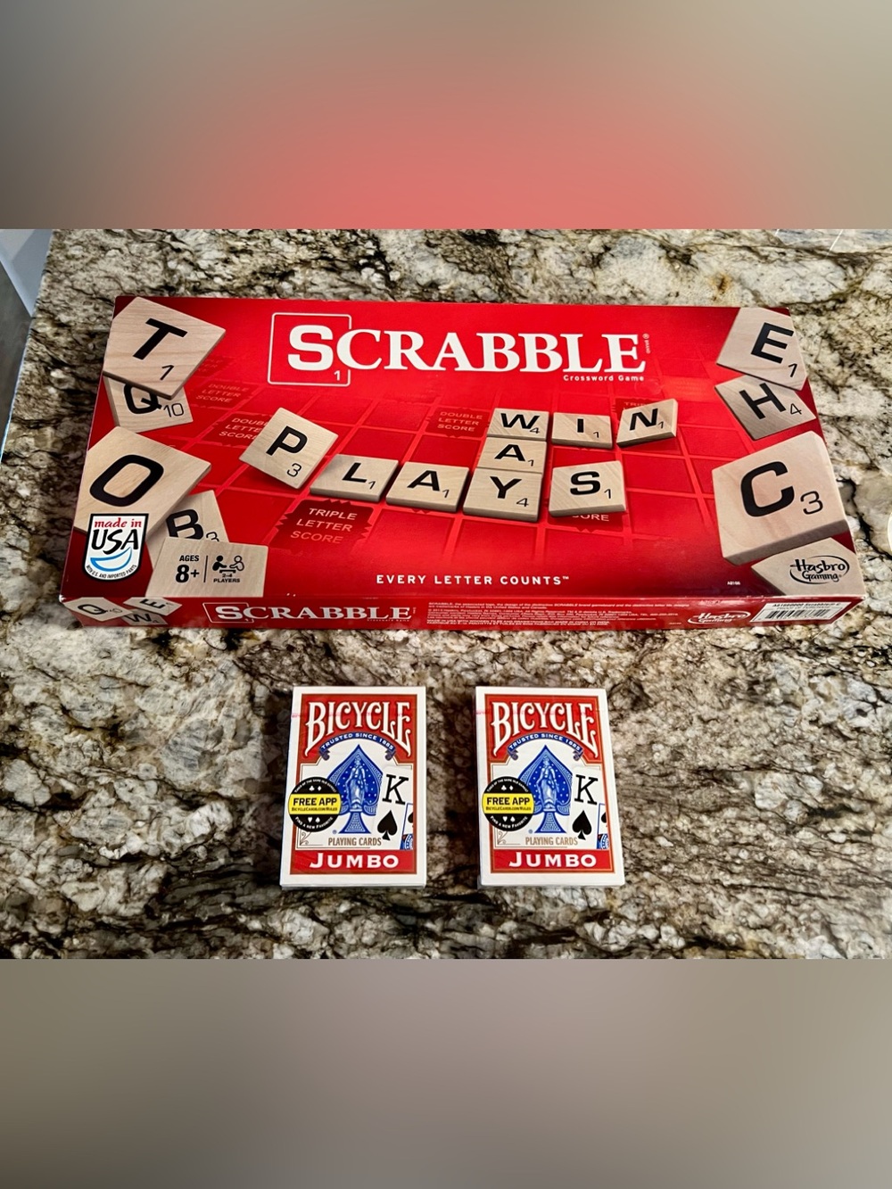 Hasbro Scrabble & 2-Pack Bicycle Jumbo Playing Cards Bundle